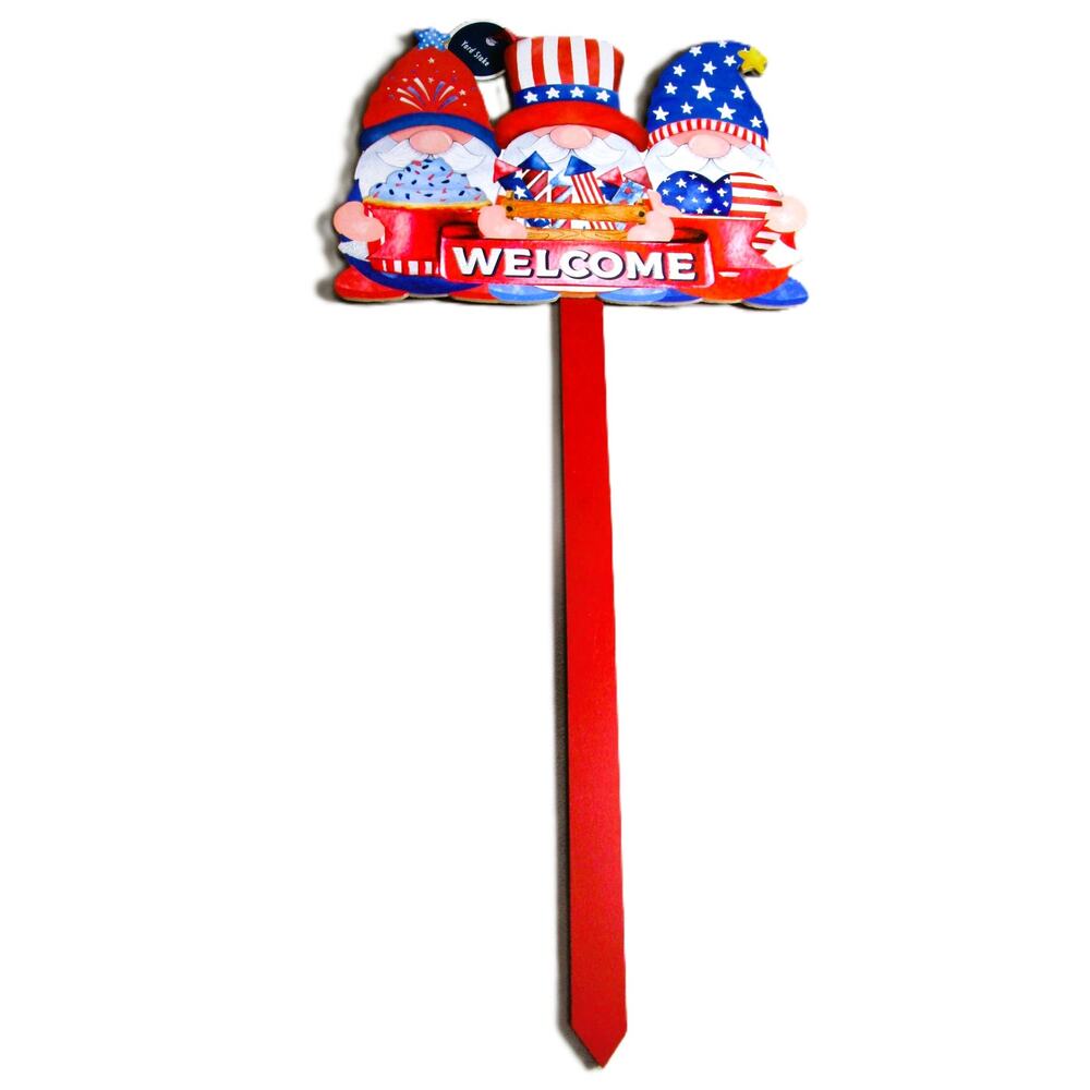Patriotic Gnome Welcome Wood Yard Stake 24” Red White Blue Americana Decor
